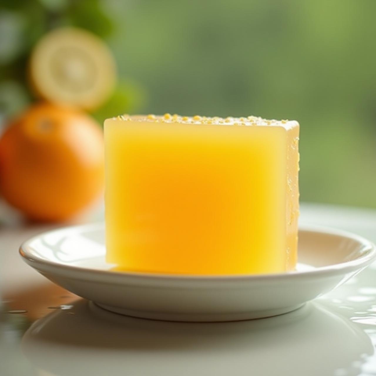 Solid citrus shampoo bar on ceramic dish