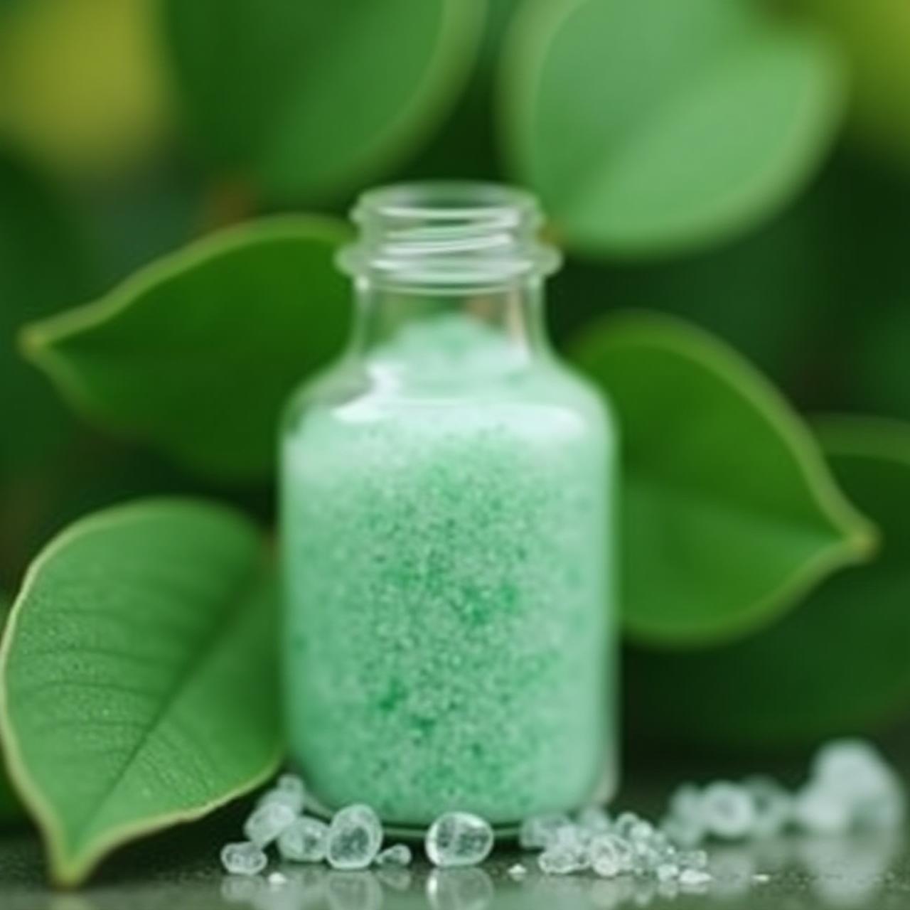 Glass vial of eucalyptus bath salts beside gum leaves