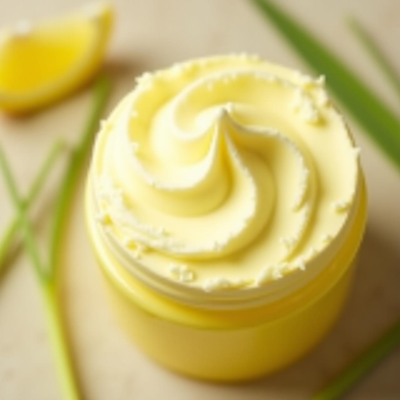 Whipped lemongrass body butter in reusable jar