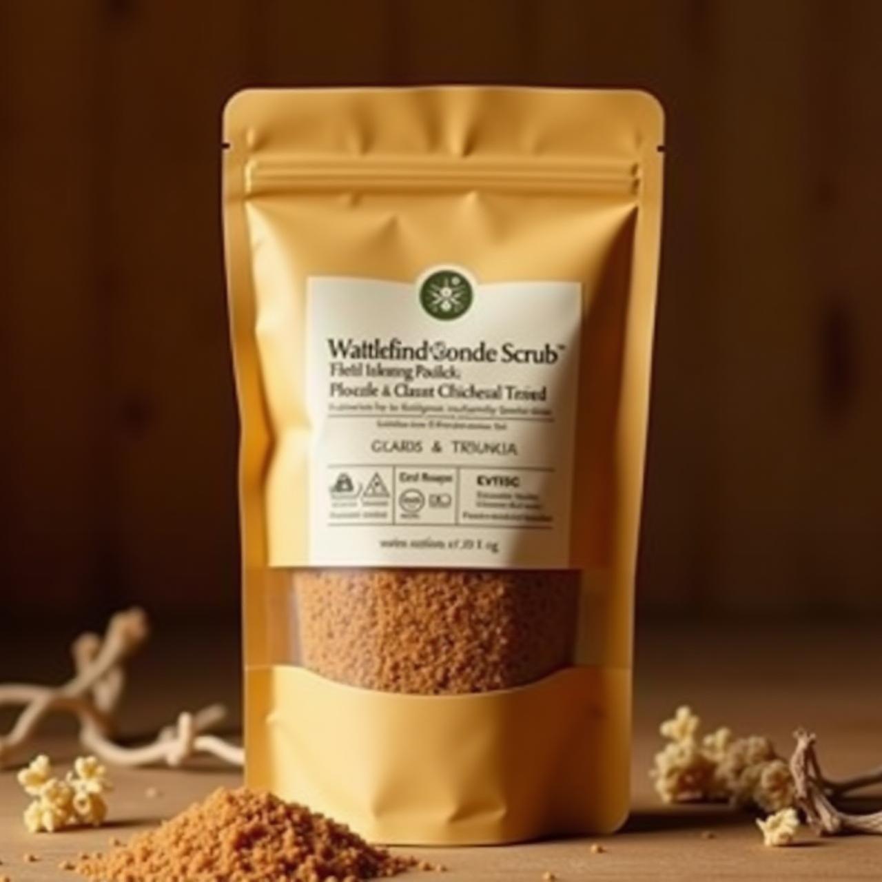 Exfoliating wattle seed scrub in compostable pouch